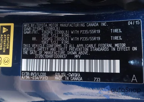 2015 Lexus Rx 450H z USA, uszkodzony, nr VIN 2T2BC1BA8FC008837